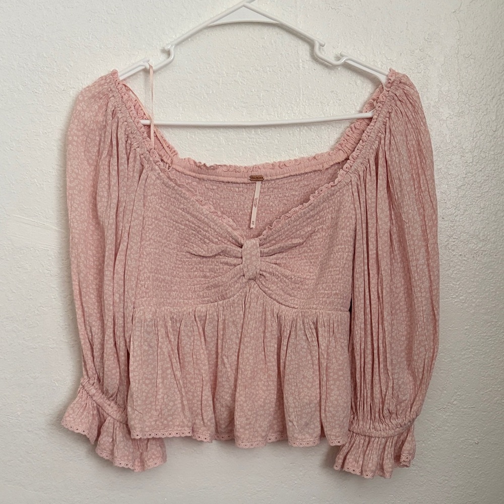 FREE PEOPLE Brittnee print smocked peplum top, pink lotus
